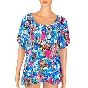Rebecca Malone Blouse Vibrant Floral Casino Grandma SZ 2X Short Sleeve Stretchy